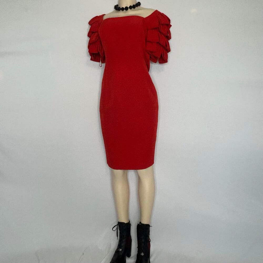 Badgley Mischka Designer Red Sculptural Loop Sleeve Sheath Cocktail Dress